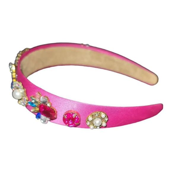Barbiecore pink satin n suede rhinestone pearl baroque luxury bejeweled headband - Picture 3 of 3